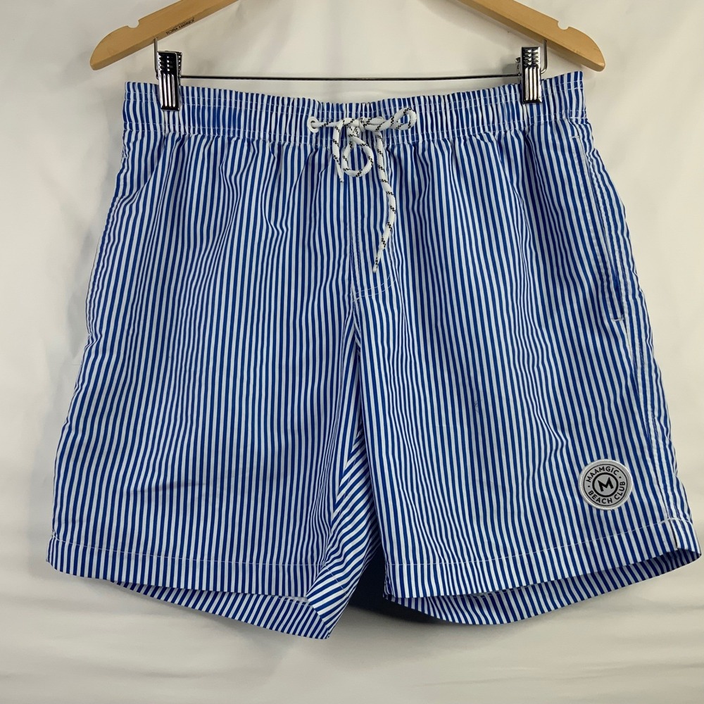 Maamgic Mens Blue White Striped Swim Trunks Beach Club Mesh Lined Shorts